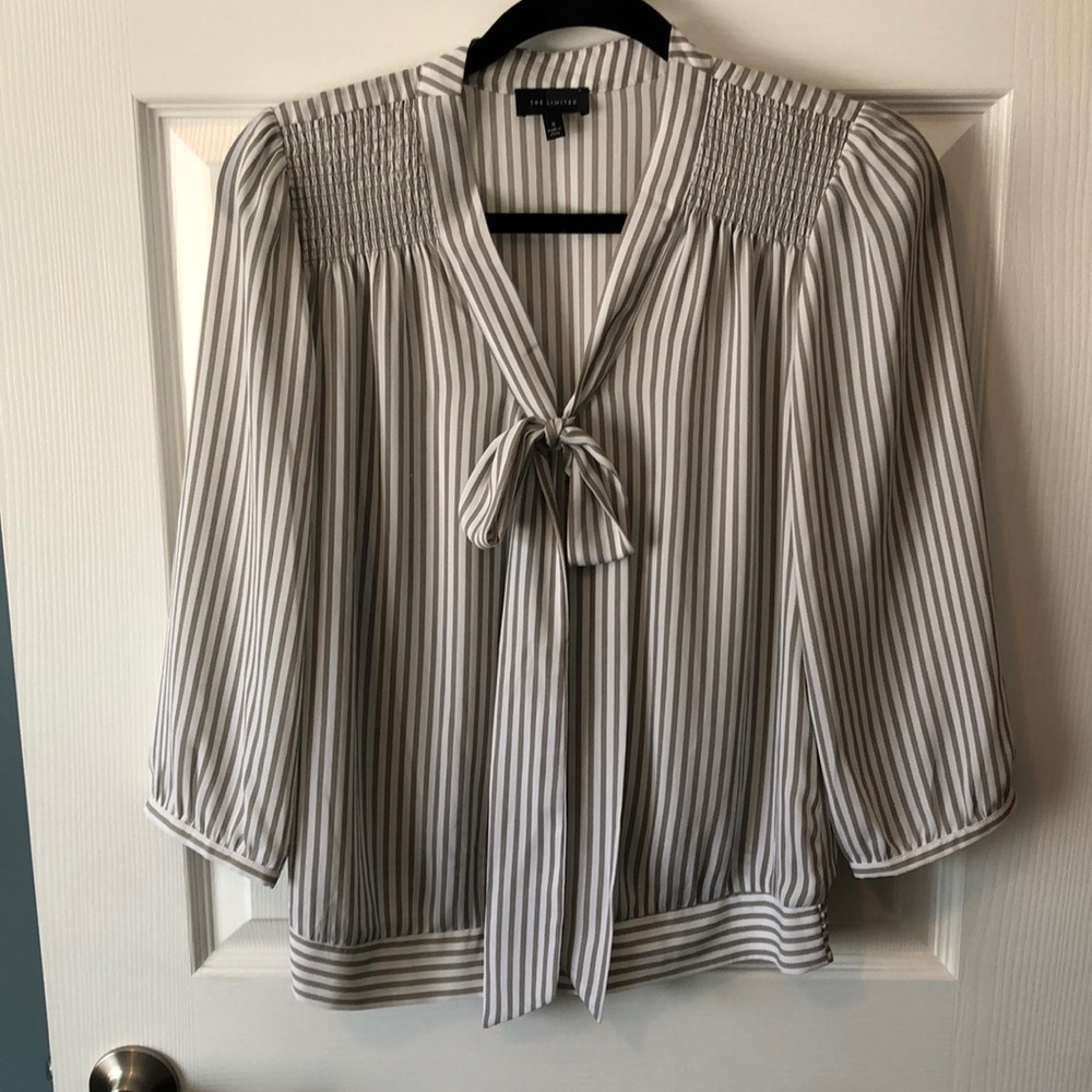 White and gray striped tie-neck blouse
